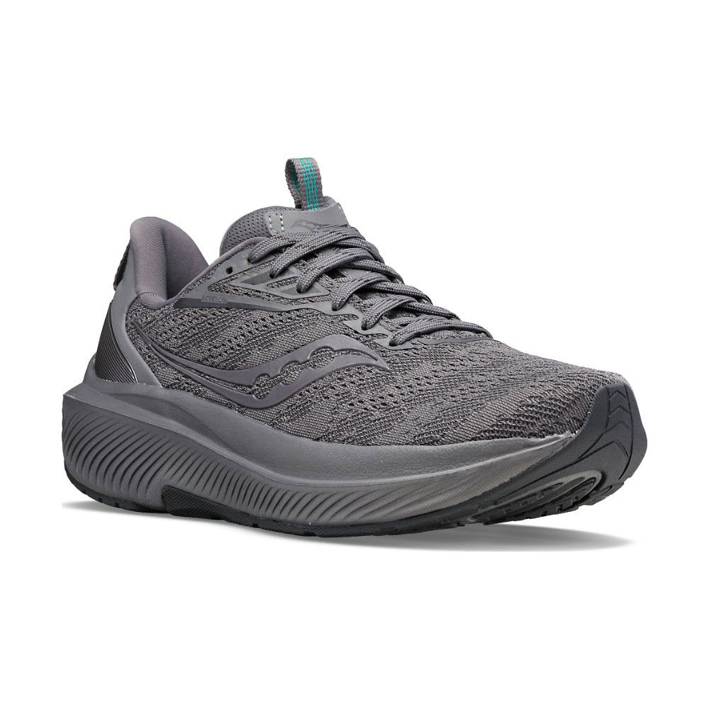 A gray running shoe with a textured fabric upper, max cushioning sole, and a small green loop on the tongue; the SAUCONY ECHELON 9 ASPHALT - MENS is perfect for those who use orthotics.