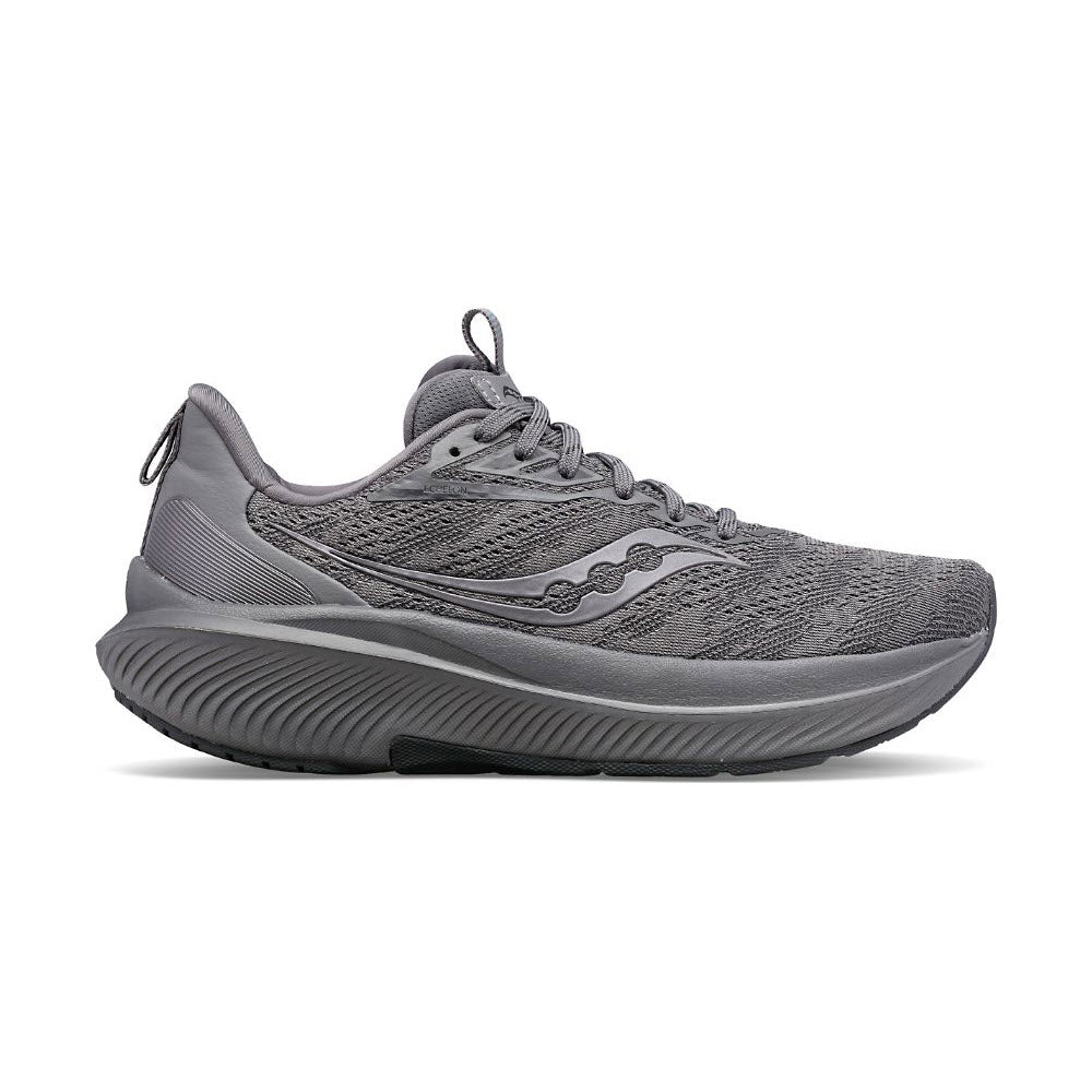 A side view of the grey Saucony SAUCONY ECHELON 9 ASPHALT - MENS athletic running shoe with a textured knit upper and a thick, cushioned sole designed for a stable ride.