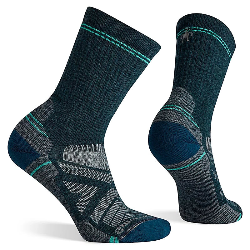 A pair of Smartwool SMARTWOOL HIKE LIGHT CREW SOCKS TWILIGHT BLUE - WOMENS, made from recycled nylon for all-day comfort, shown from side and rear angles.