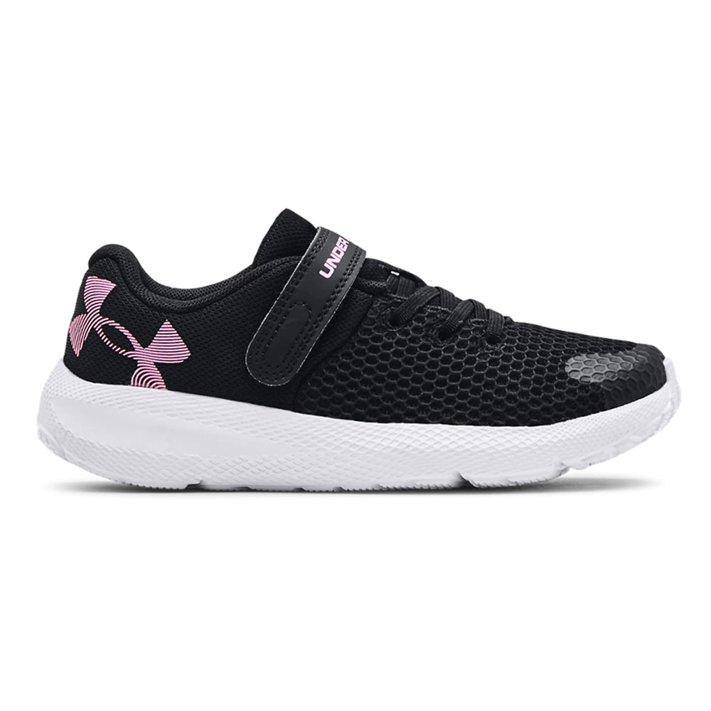 Introducing the UNDER ARMOUR PURSUIT 2 AC BLACK - KIDS: a black Under Armour shoe with a pink logo and white sole, featuring a Velcro strap, laces, and lightweight cushioning for all-day comfort.
