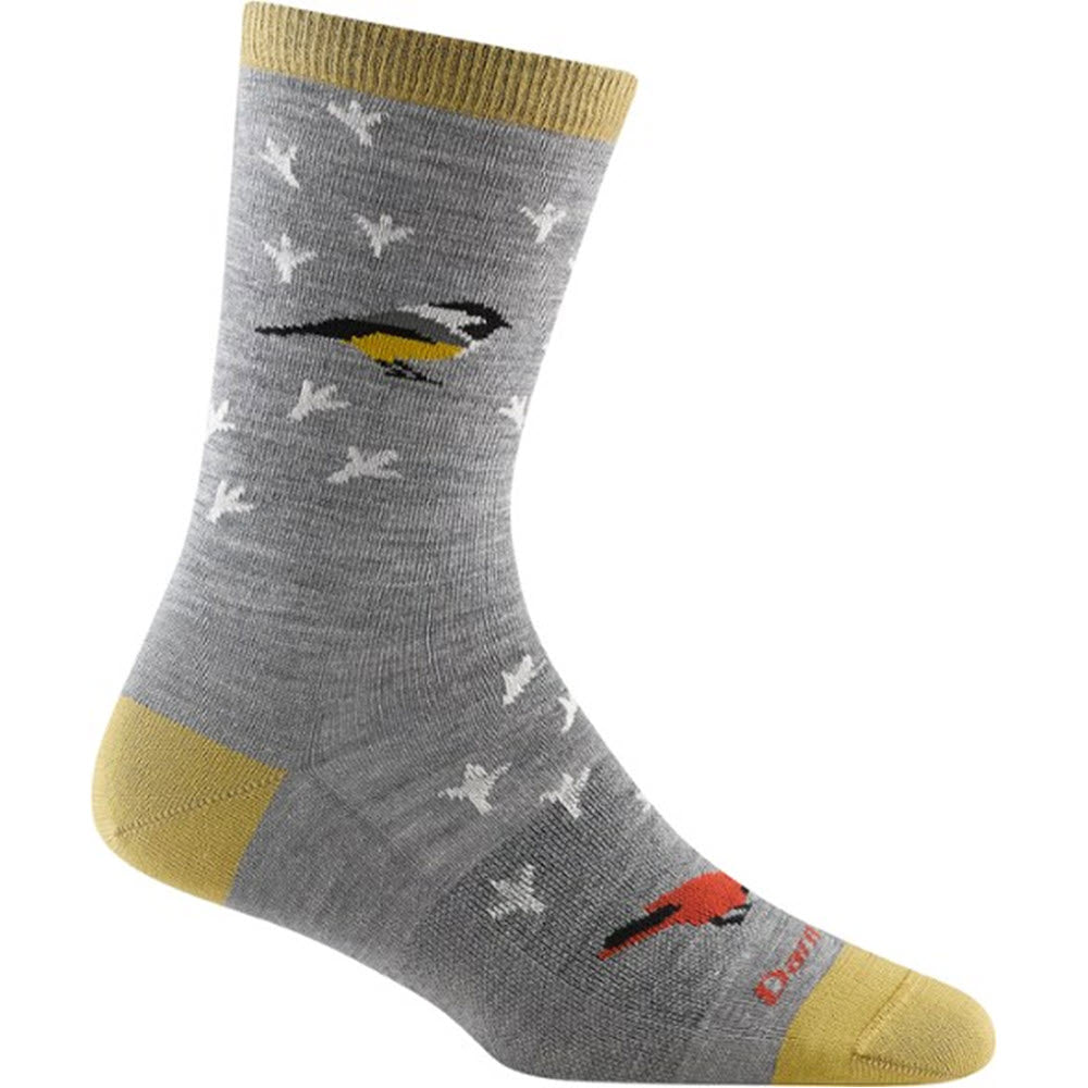 Women's DARN TOUGH TWITTERPATED CREW SOCKS GRAY featuring a delightful bird pattern, showcasing small white birds, a larger black, white, and yellow bird, and an orange and red bird. These Darn Tough lightweight socks come with a beige cuff, heel, and toe for added comfort.