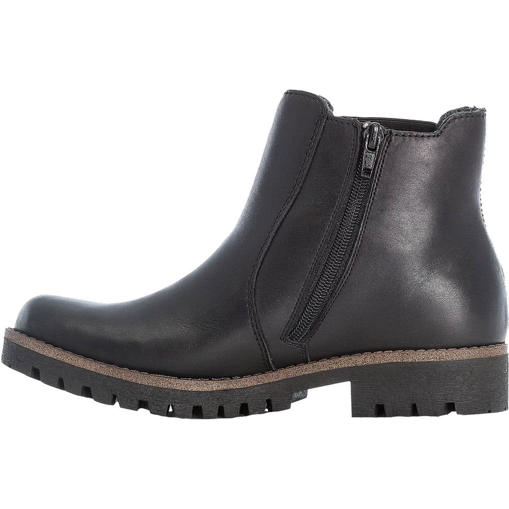 A Rieker RIEKER LUG SOLE CHELSEA WITH ZIP BLACK - WOMENS with a side zipper, a chunky rubber sole, and wintertime walkability.