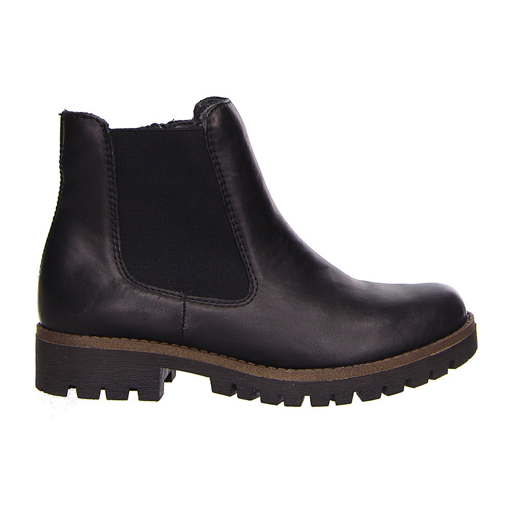 A black Rieker RIEKER LUG SOLE CHELSEA WITH ZIP BLACK - WOMENS ankle boot featuring elastic side panels and a chunky sole, perfect for wintertime walkability.