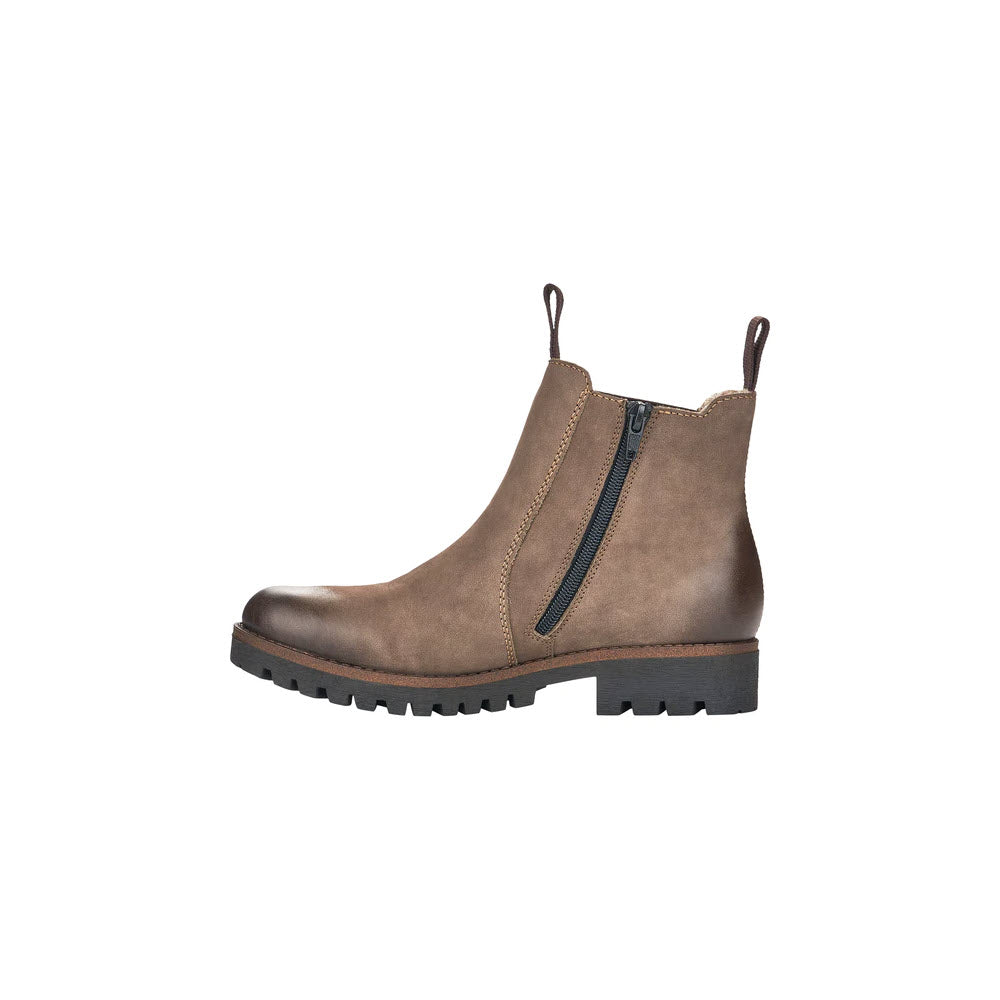 A brown women&#39;s leather ankle boot with a side zipper, stretchy elastic side panels for a snug fit, pull tabs at the front and back, and a chunky rubber sole. The RIEKER LUG SOLE CHELSEA WITH ZIP MUD - WOMENS by Rieker perfectly combines style and functionality.