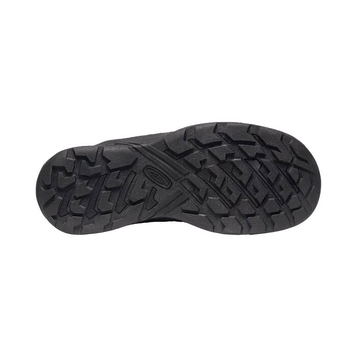 Bottom view of the KEEN CIRCADIA MID POLAR 200 GM STEEL - MENS by Keen, featuring a dark-colored sole with a rugged, textured tread pattern that ensures enhanced grip; perfect for winter hiking adventures.