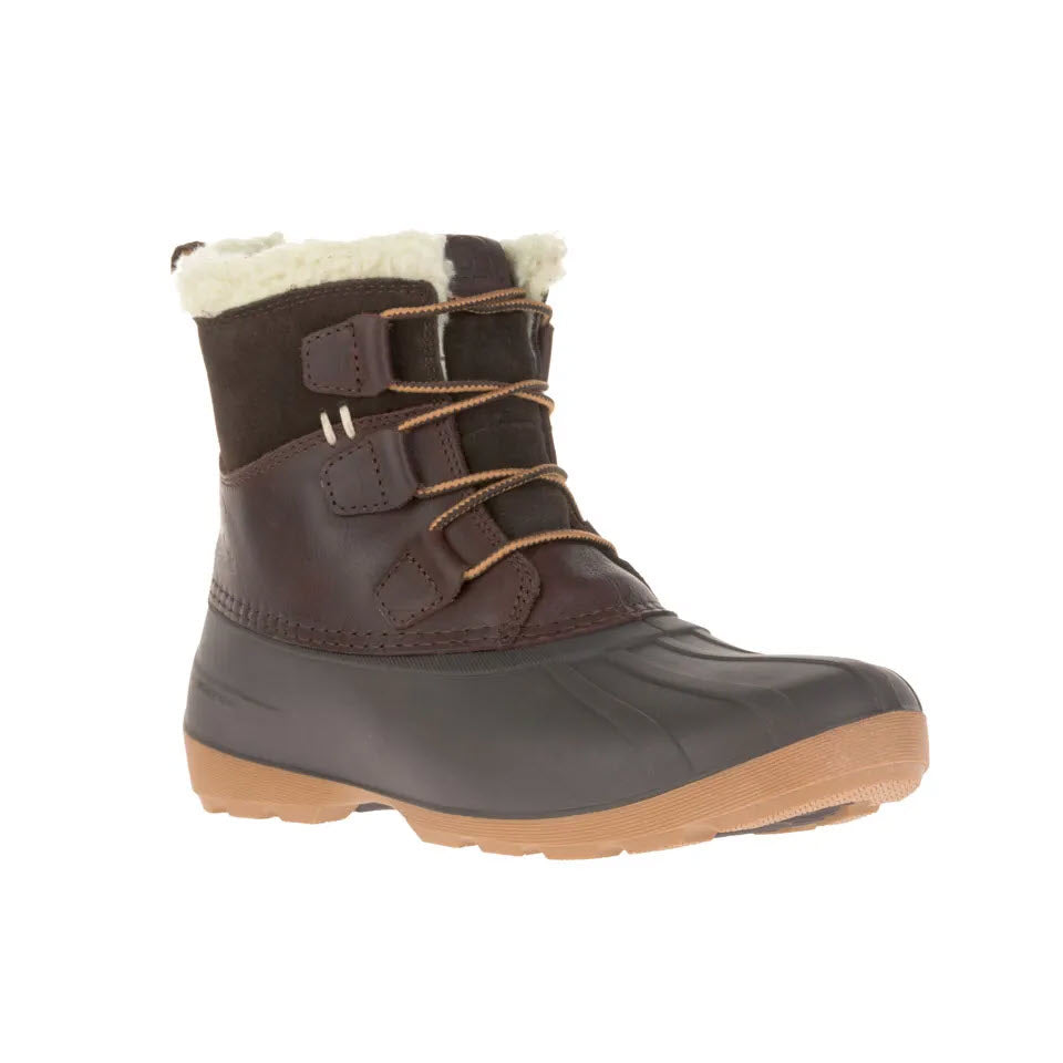 The Kamik Simona Mid Dark Brown women&#39;s winter boots showcase a brown and black waterproof, seam-sealed design with a durable rubber sole, lace-up front, and cozy faux fur lining. Combining style and practicality, these boots are perfect for winter.