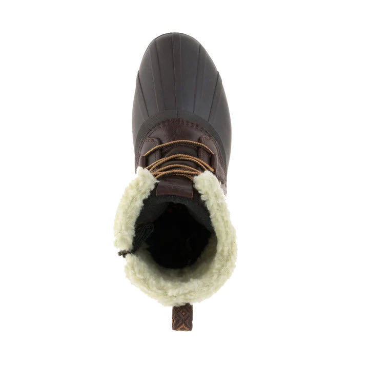 Top view of the KAMIK SIMONA MID DARK BROWN – WOMENS boot, showcasing dark brown genuine leather by Kamik, tan laces, a light-colored fleece lining, and waterproof seam-sealed construction.