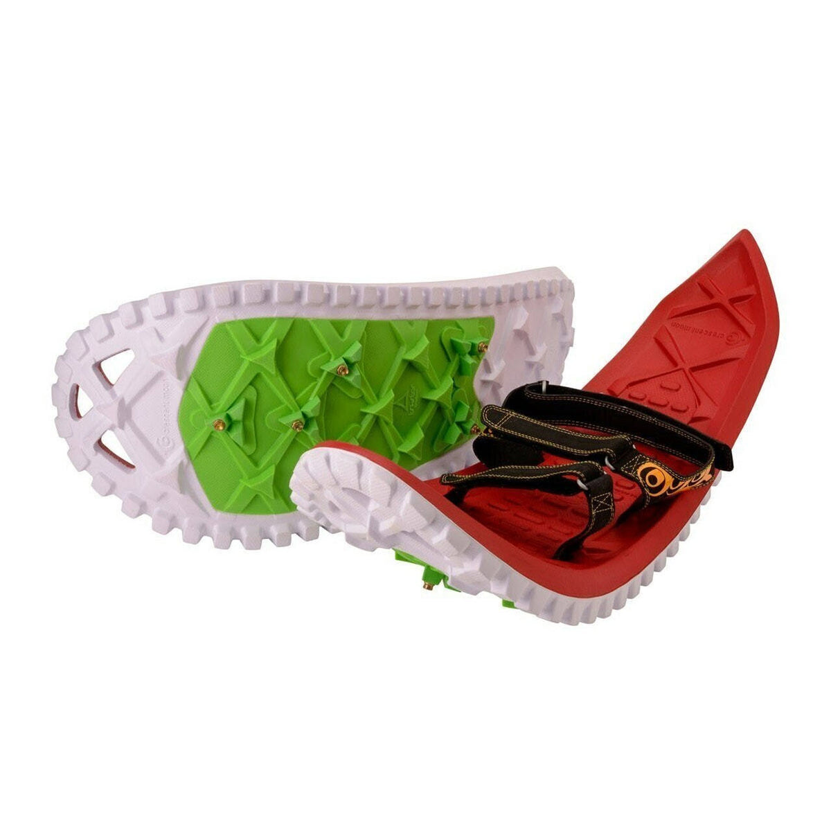 A pair of red and green CRESCENT MOON FOAM SNOWSHOES EVA RED - MENS by Crescent Moon featuring white cleats, black straps for securing feet, and cushioning insulation for ultimate comfort.