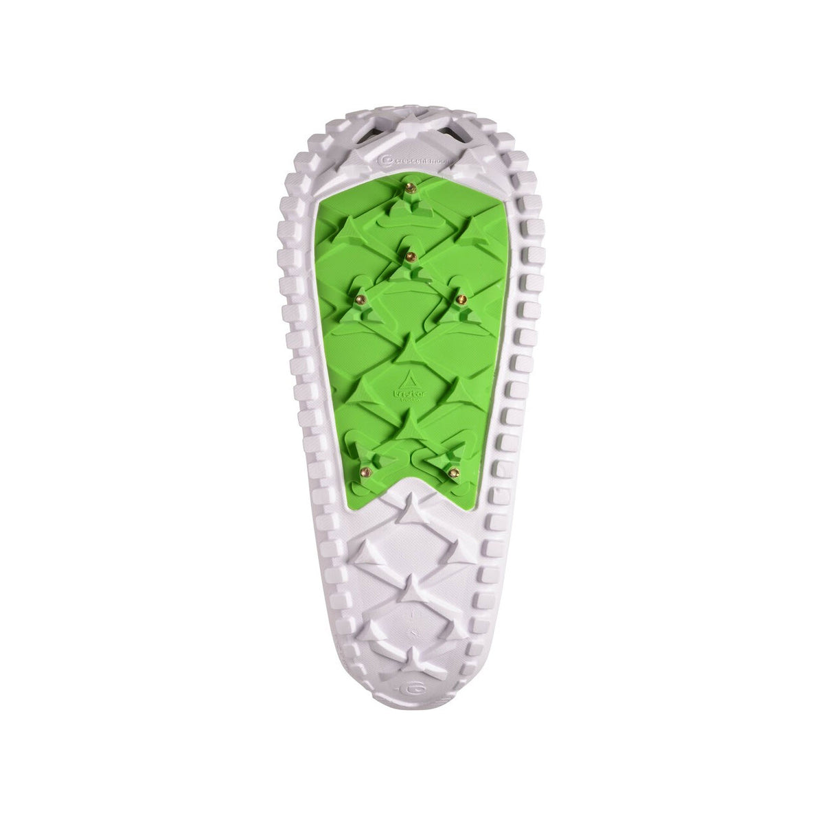 The image shows the sole of a Crescent Moon CRESCENT MOON FOAM SNOWSHOES EVA RED - MENS, featuring a white exterior with a green inner section and metal studs, offering an intuitive alternative to traditional designs.