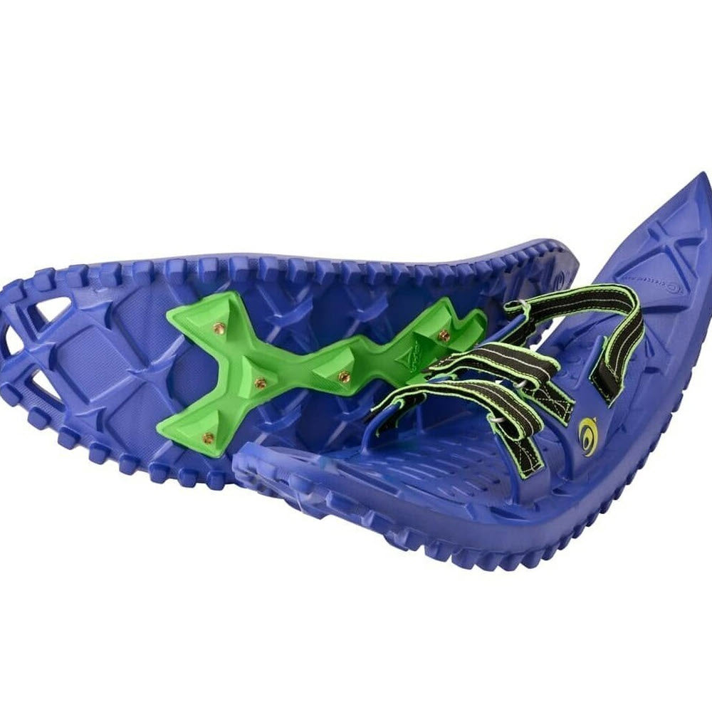 Crescent Moon LUNA FOAM SNOWSHOES BLUE JEAN - MENS, with spikes and adjustable straps, displayed against a white background.
