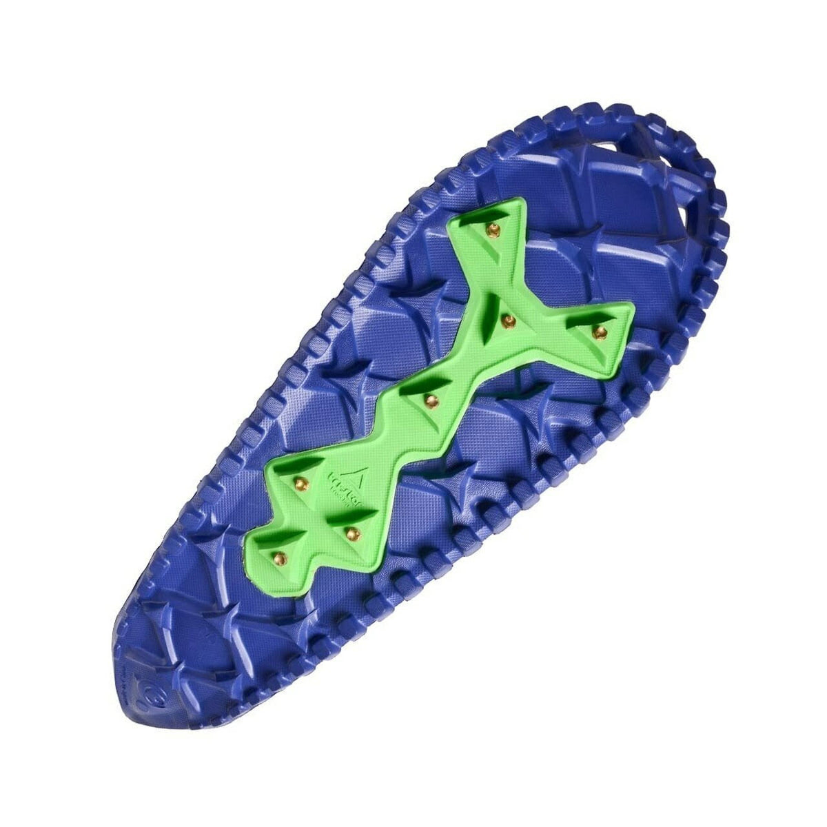 The Crescent Moon LUNA FOAM SNOWSHOES BLUE JEAN - MENS is a blue and green detachable traction device for footwear, featuring metal studs for enhanced grip, designed for running enthusiasts to maintain stability on slippery surfaces.