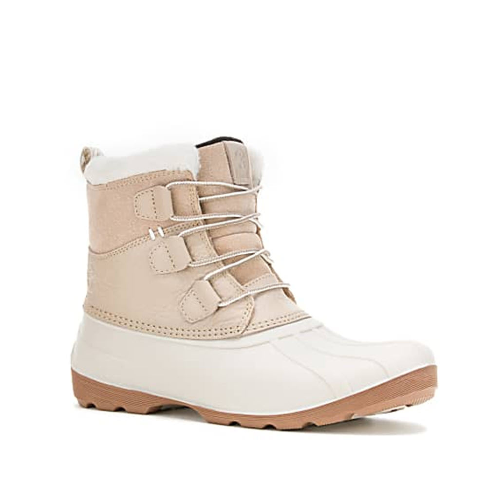 The Kamik Simona Mid Beige/White winter boot for women features a lace-up front, waterproof construction, a durable rubber sole, and a cozy fur-lined interior.