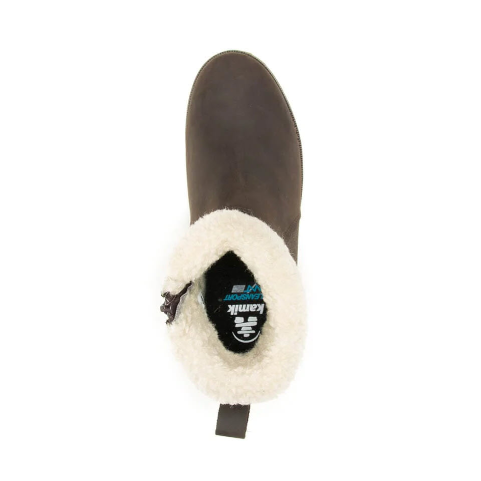 Top view of the KAMIK ARIEL FUR ZIP DARK BROWN Women&#39;s Comfort Winter Boot by Kamik, showcasing its white, fluffy interior lining and HEAT-MX thermal insulation, with the brand label visible inside.