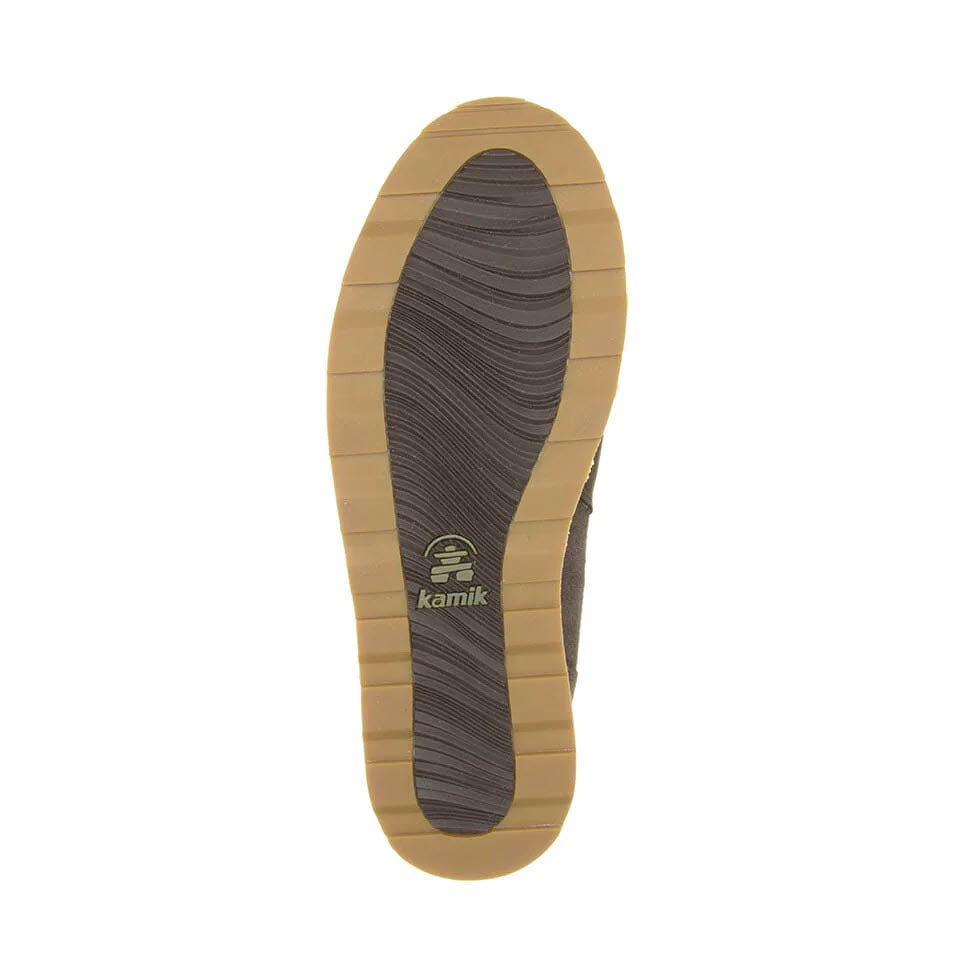 The image shows the sole of the KAMIK ARIEL FUR ZIP DARK BROWN - WOMENS Comfort Winter Boot with a wave-like tread pattern and the Kamik logo visible near the heel. The sole is primarily brown with a beige outer edge, highlighting its HEAT-MX thermal insulation for ultimate warmth.