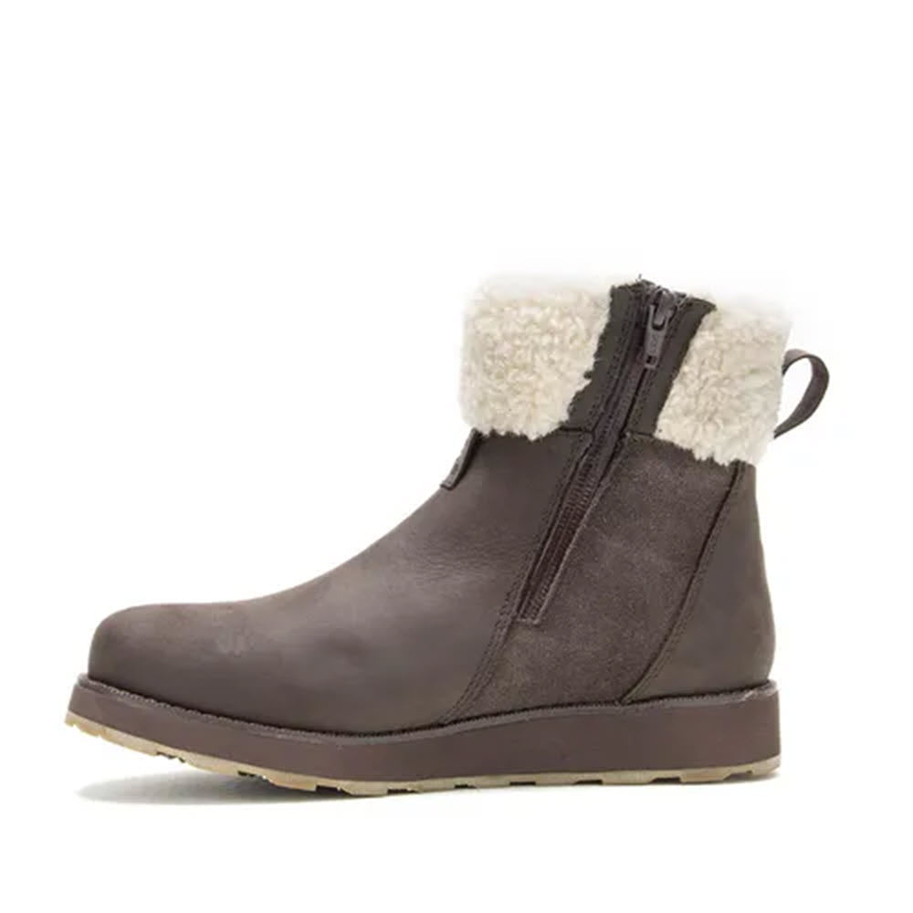 Introducing the Kamik Ariel Fur Zip Dark Brown - Womens boots; these brown leather ankle boots come with a beige rubber sole and white fur lining. Designed by Kamik, they feature a side zipper, pull tab at the back, and HEAT-MX thermal insulation for added warmth.