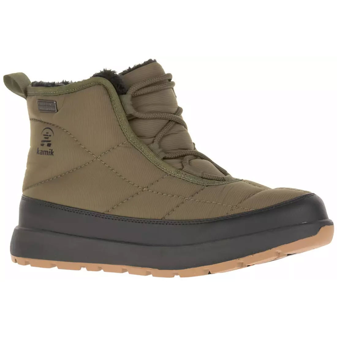 A single Kamik ELLA LOW Dark Olive women&#39;s waterproof winter boot with a black and tan sole, featuring laces, moisture-wicking insulation, and the Kamik logo on the side.