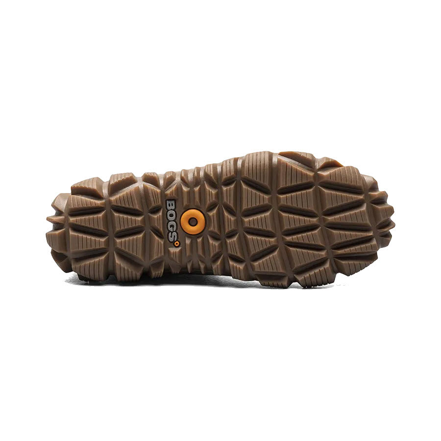 Bottom view of the BOGS ARCATA LEATHER CARAMEL - WOMENS outdoor shoe sole in brown, showcasing rugged, multidirectional treads, slip-resistant outsoles, and the &quot;Bogs&quot; logo.