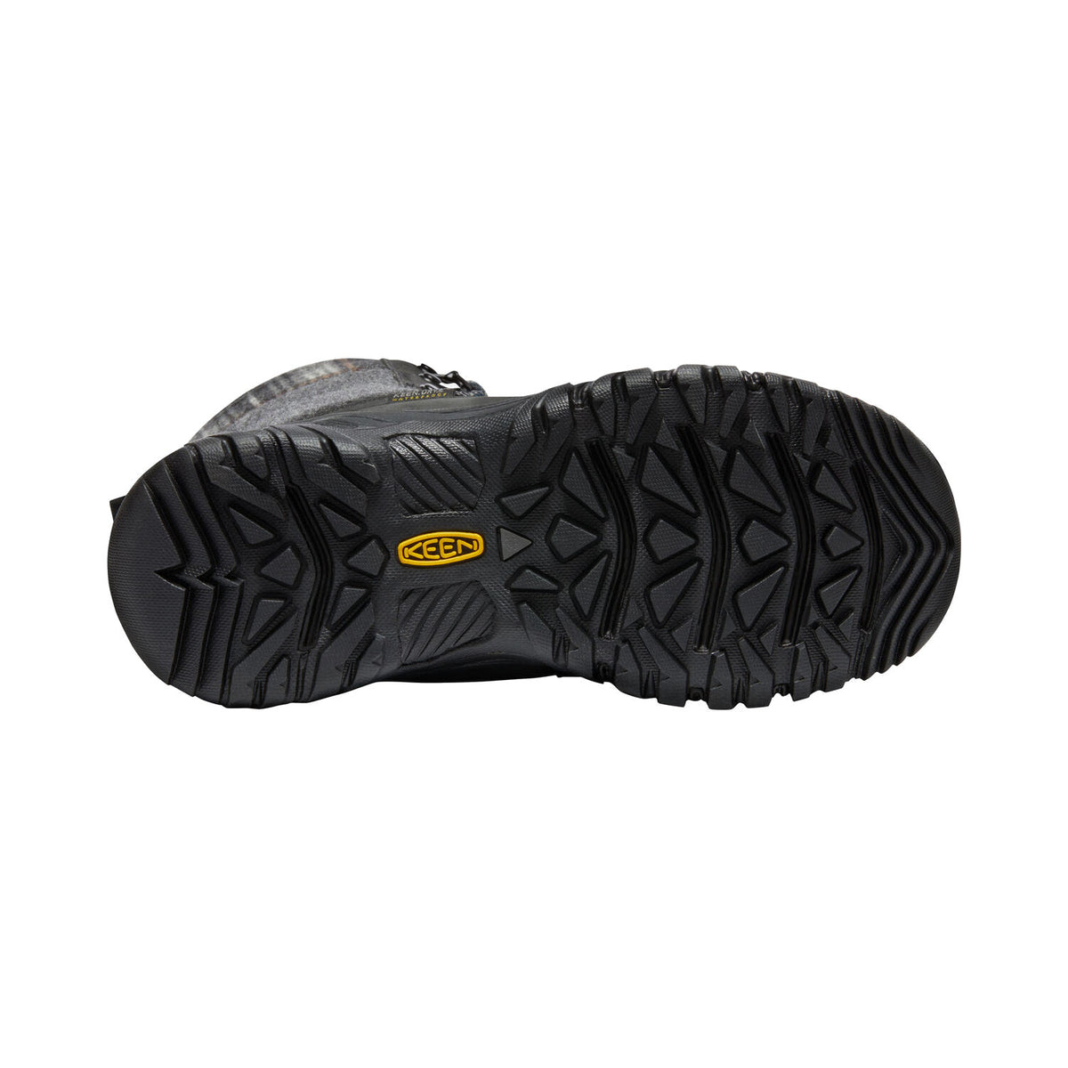 The sole of the KEEN GRETA TALL BOOT WP BLACK - WOMENS highlights visible tread with a yellow &quot;KEEN&quot; logo in the center, making it perfect for cold-weather traction.