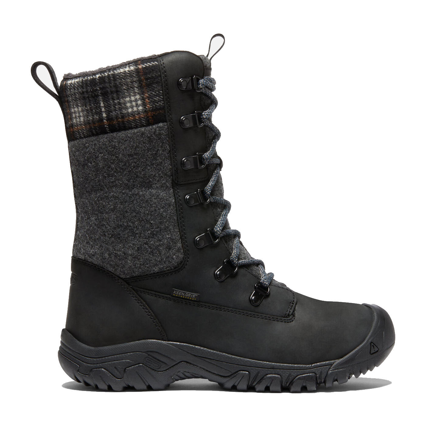 The KEEN GRETA TALL BOOT WP BLACK - WOMENS by Keen is a high-top winter boot featuring plaid and felt detailing, a lace-up front, and a rugged rubber sole designed for outdoor use, ensuring optimal traction in cold weather.