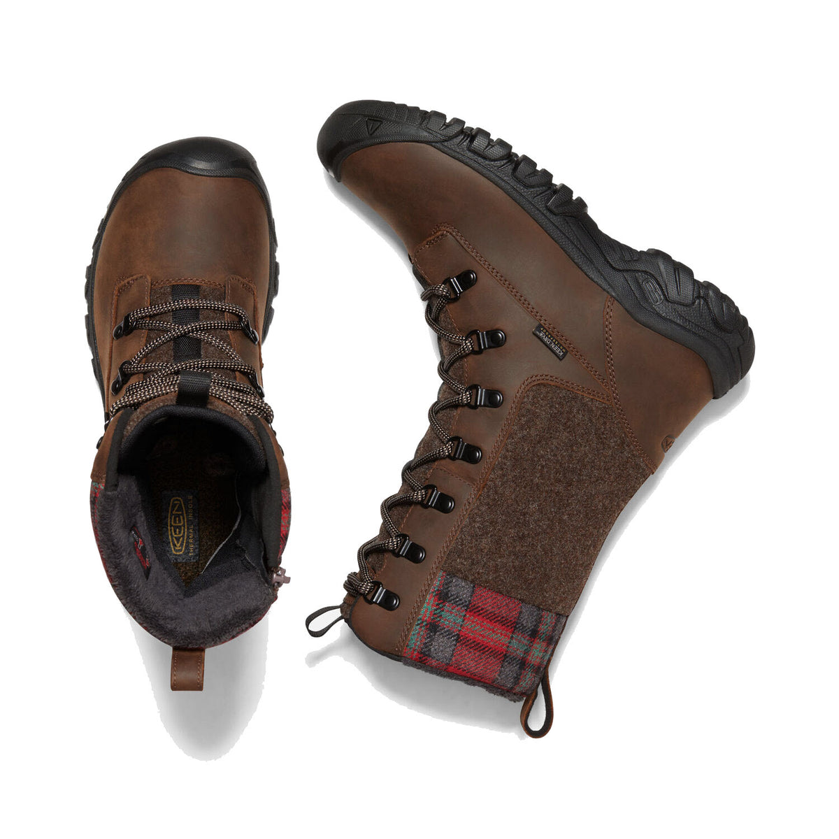 The KEEN GRETA TALL BOOT BROWN - WOMENS by Keen features brown leather construction with red and grey plaid fabric accents and black rubber soles. Shown from side and top views, these insulated hiking boots are perfect for cold weather treks.