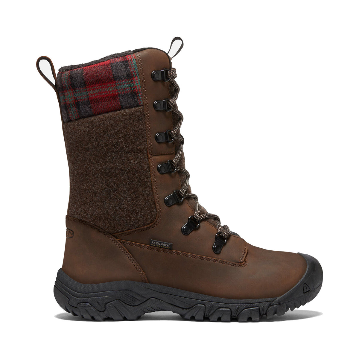 The KEEN Greta Tall Boot for women in brown features a plaid and wool upper section, a durable sole, and a back pull loop.