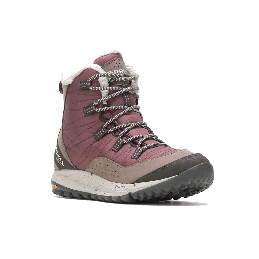 The MERRELL ANTORA SNEAKER BOOT MARRON for women by Merrell features a maroon and grey color scheme, white fleece lining, and grey laces, designed for cold-weather durability, displayed against a white background.