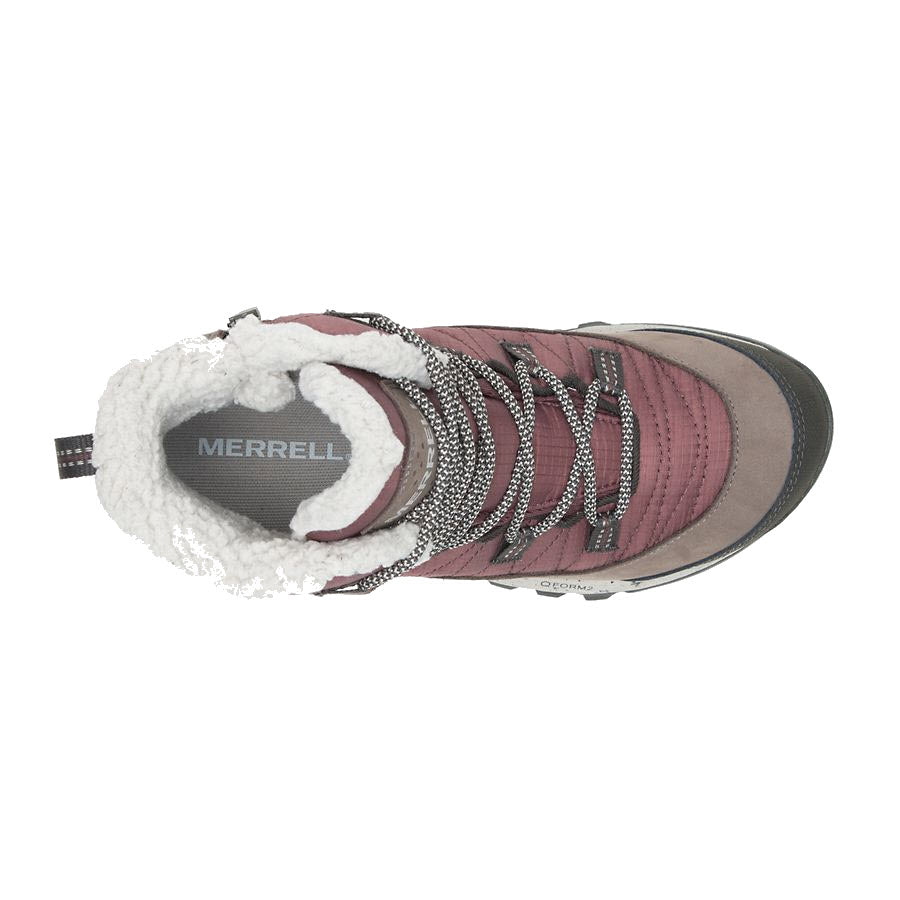 Top view of the Merrell Antora Sneaker Boot Marron - Womens, featuring a maroon and beige color scheme with black and white laces, and showcasing a fleece-lined interior for cold-weather durability.