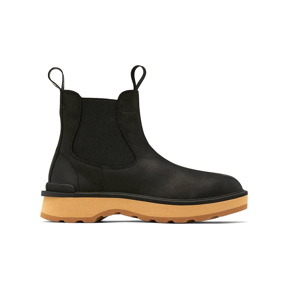 The SOREL HI-LINE CHELSEA BLACK - WOMENS from Sorel is a black pull-on Chelsea boot with elastic side panels, featuring a tan rubber sole and crafted from waterproof leather for consistent comfort.