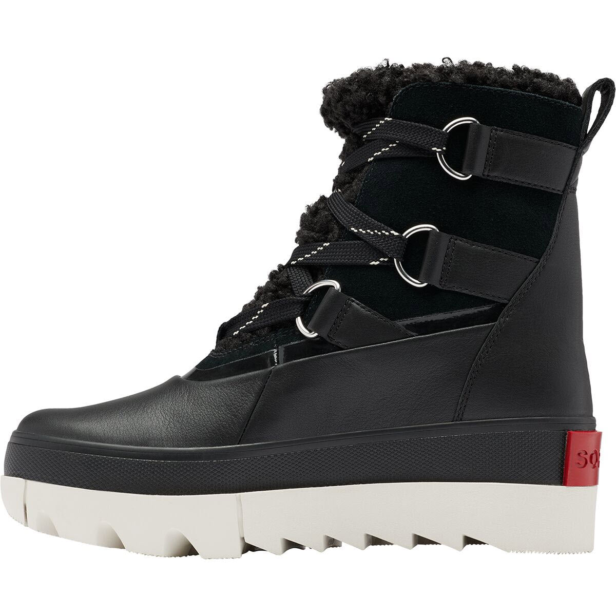 SOREL JOAN OF ARCTIC NEXT BOOT BLACK - WOMENS with a white platform sole, black laces, and a textured upper section around the ankle. Featuring waterproof construction and a red brand detail on the back heel, its high-traction sole ensures stability in slippery conditions.