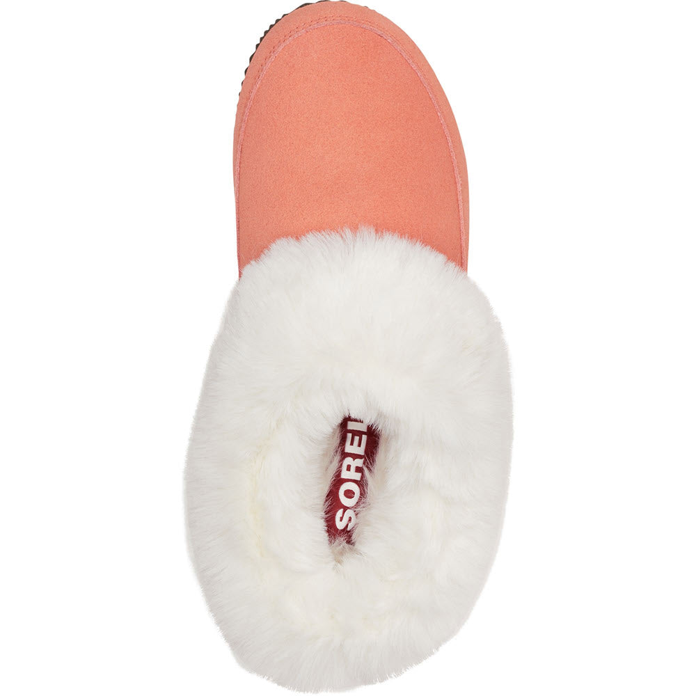 Top view of the luxuriously soft SOREL GO COFFEE RUN PARADOX PINK women&#39;s slipper, featuring a rich coral color with a plush white fur cuff, ideal for quick trips outside. A durable sole adds to its comfort, and the &quot;Sorel&quot; logo is visible inside.