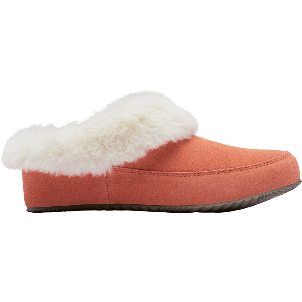 A side view of the SOREL GO COFFEE RUN PARADOX PINK slip-on slipper by Sorel, featuring a luxuriously soft white fur lining and a tough rubber sole, perfect for quick trips outside.