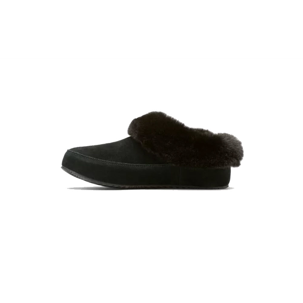 Side view of the SOREL GO COFFEE RUN BLACK - WOMENS, a black slip-on shoe by Sorel featuring a furry lining and tough rubber sole, perfect for quick trips outside, set against a plain white background.