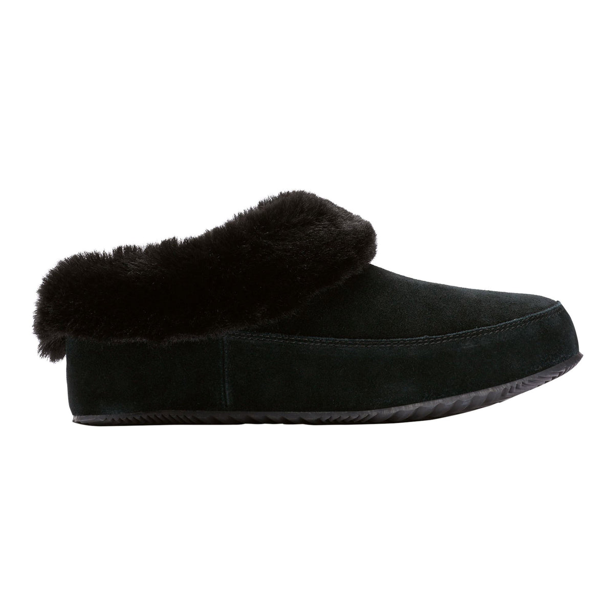 The SOREL GO COFFEE RUN BLACK for women by Sorel is a black slipper with a suede-like exterior, a cozy fur lining, and a durable rubber sole, ideal for quick trips outside, shown in profile view.