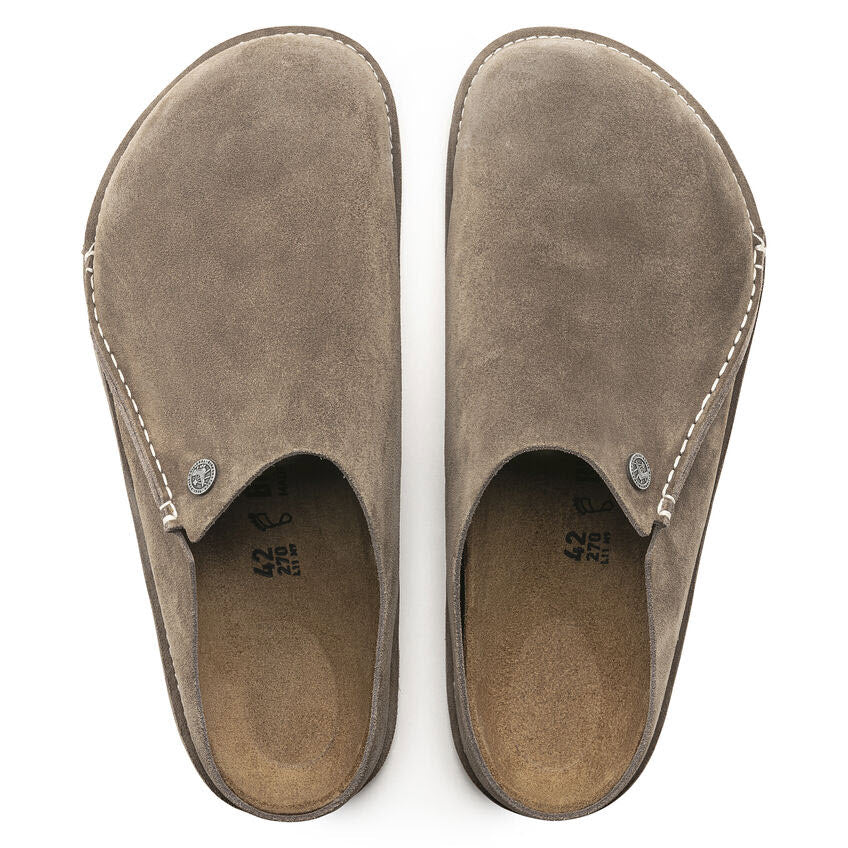 A pair of BIRKENSTOCK ZERMATT 365 GRAY TAUPE - WOMENS with visible stitching, metal button details, and a cozy suede lining—perfectly capturing the charm of Birkenstock. Viewed from above.