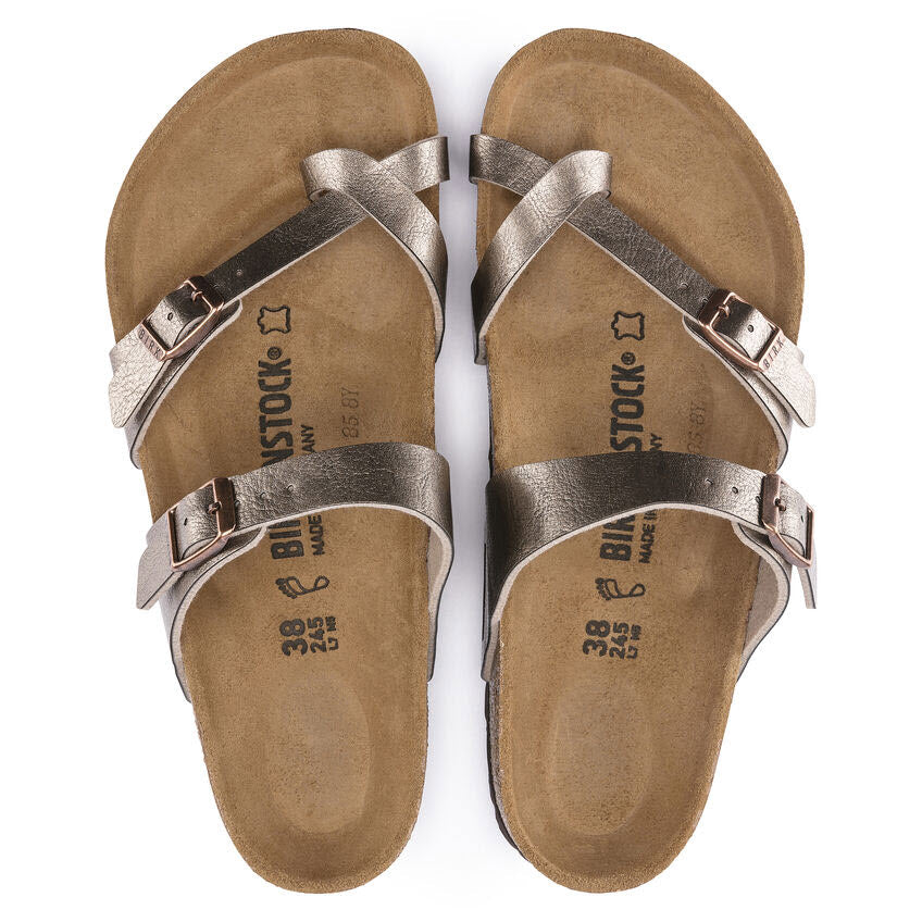 A pair of Birkenstock BIRKENSTOCK MAYARI GRACEFUL TAUPE BIRKOFLOR - WOMENS with adjustable straps and cork-latex footbeds, size 38, offering a comfortable sandal experience.