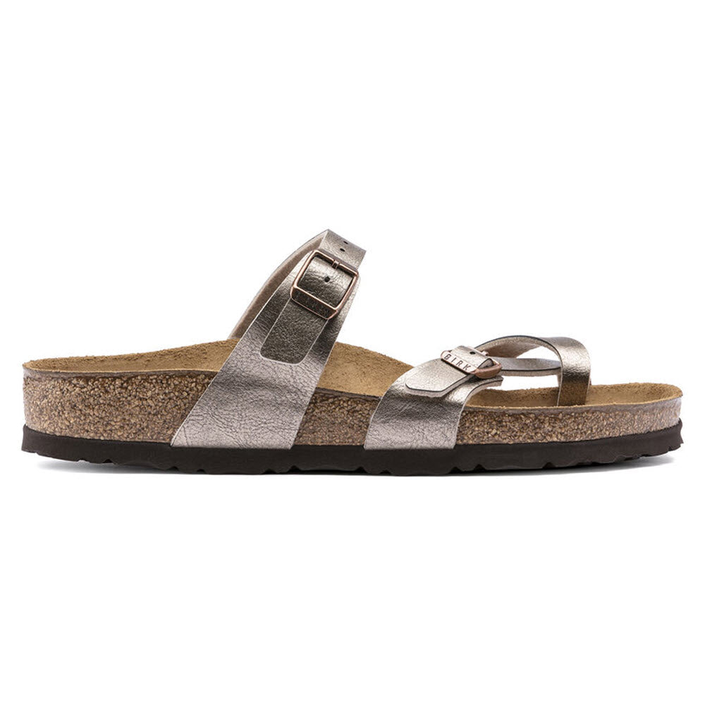 A single Birkenstock BIRKENSTOCK MAYARI GRACEFUL TAUPE BIRKOFLOR - WOMENS, a comfortable sandal with two adjustable buckled straps, a cork footbed, and a black rubber sole, is displayed against a white background.