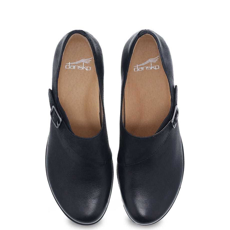 Top view of the DANSKO MARISA BLACK BURNISHED shoes for women, featuring a side buckle and cushioned insoles with memory foam footbeds by Dansko.