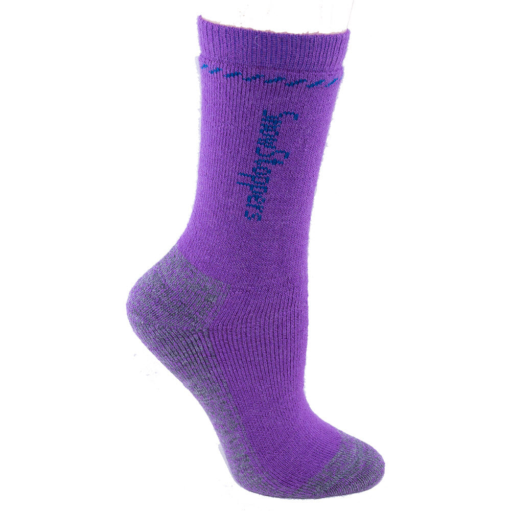 A SNOWSTOPPERS ALPACA CREW SOCK PURPLE/GREY - KIDS by Snowstoppers with gray accents on the heel and toe, featuring blue stitched text and design near the top cuff. Perfect addition to any socks for kids collection.