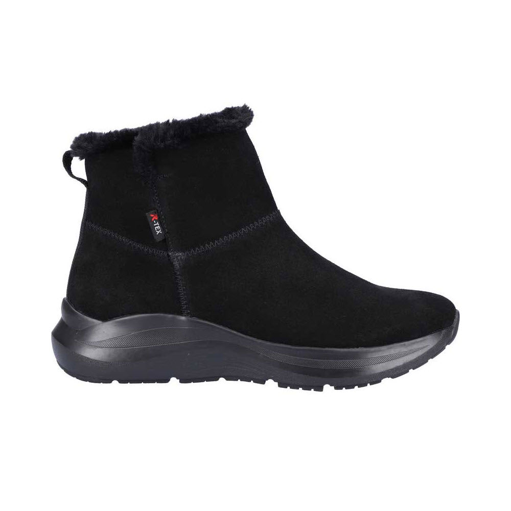 REVOLUTION SNEAKER BOOTIE WITH FUR BLACK - WOMENS by Revolution features a suede upper, faux fur lining, side zipper, and textured rubber sole for traction.