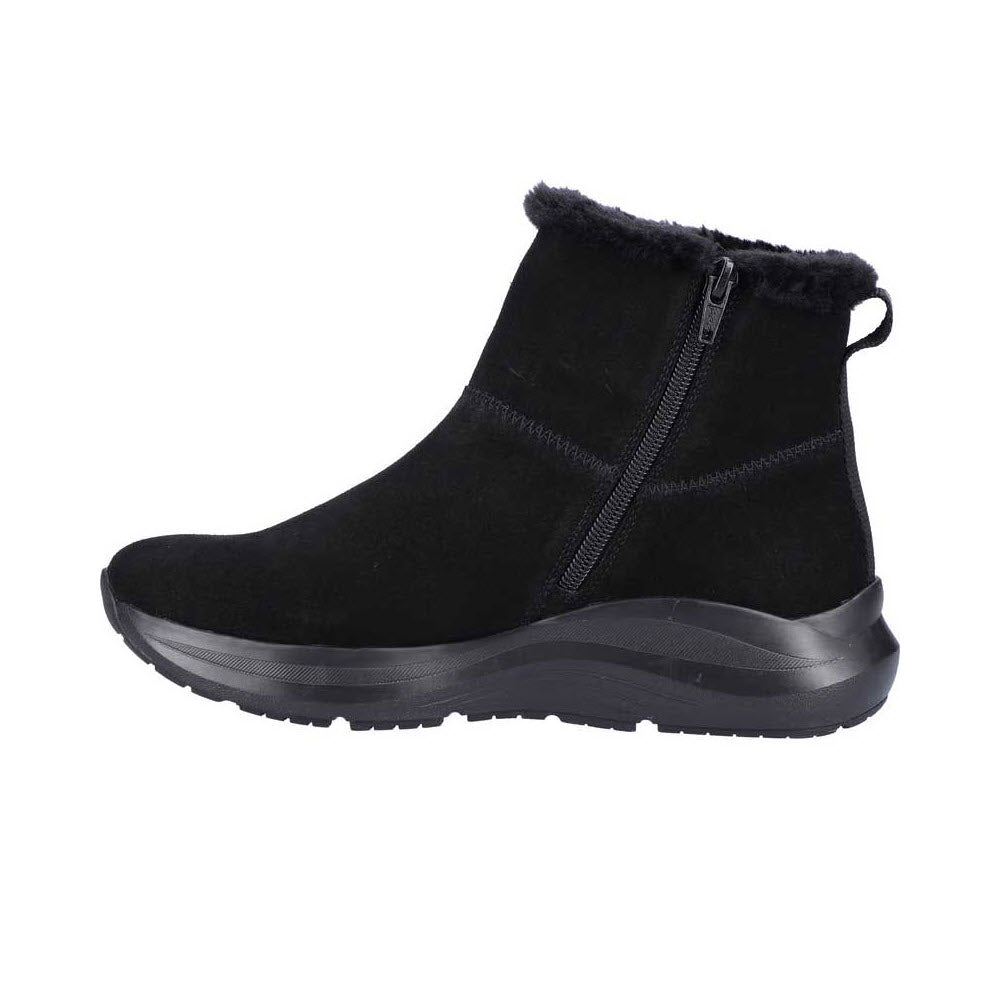 The Revolution Sneaker Bootie with Fur Black for women, designed by Revolution, features a suede upper and a side zipper, complemented by a faux fur lining at the top and a thick sole.