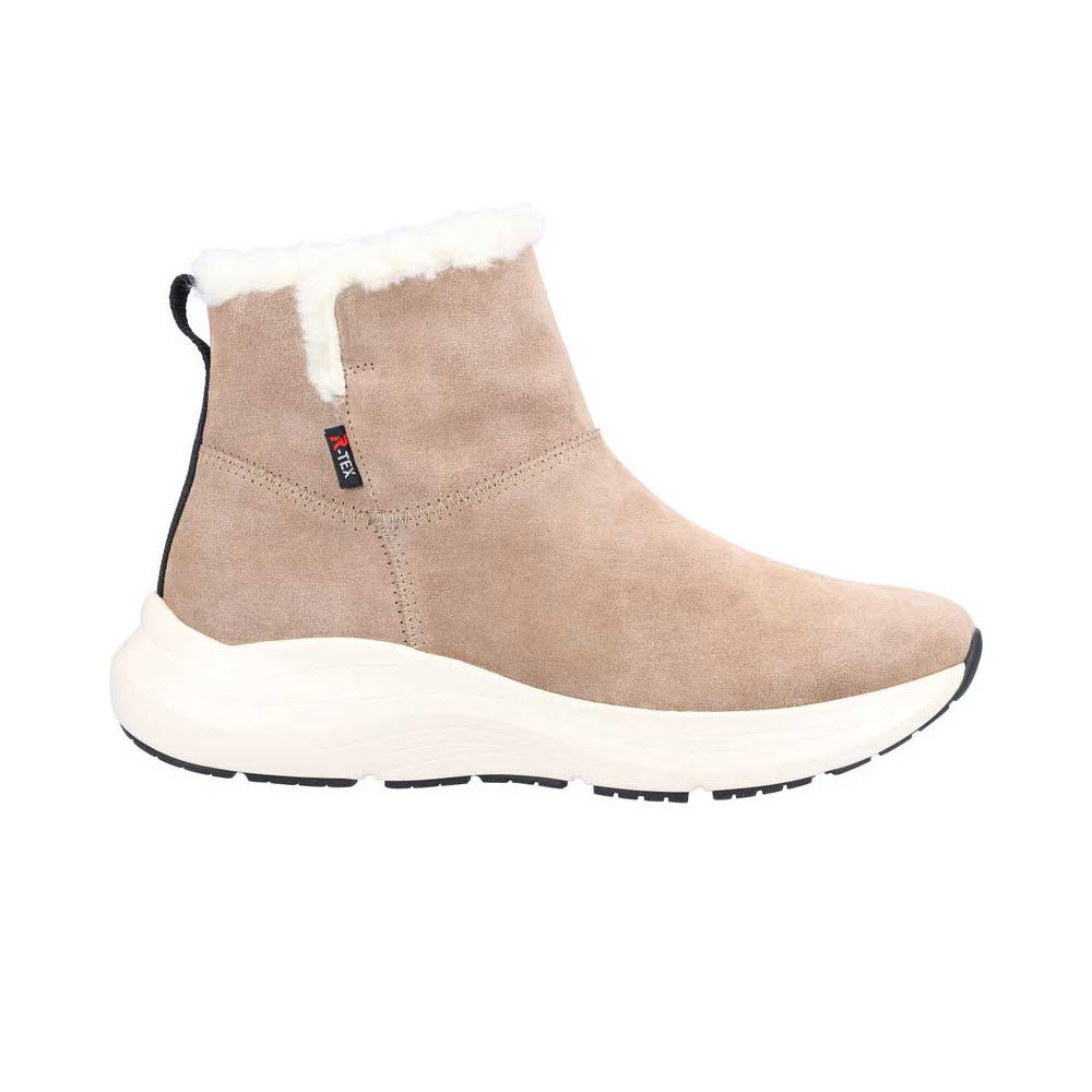 A taupe sneaker bootie for women by Revolution, featuring a suede upper, a white faux fur trim, a black heel pull tab, and a chunky white sole.