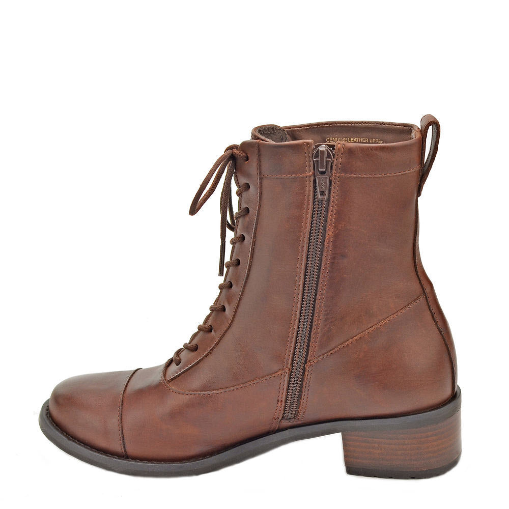 The DAVID TATE EXPLORER BROWN - WOMENS by David Tate are chic lace-up boots in brown leather featuring a side zip, waterproof design, and low heel, viewed from the side.