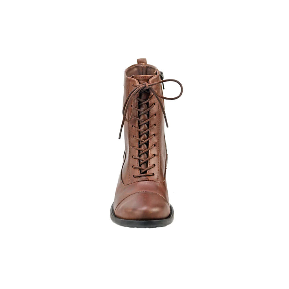 The David Tate Explorer boot for women features a chic, brown leather lace-up design with an ankle height. It boasts a black sole and visible stitching, sleekly designed with a convenient side zip and waterproof feature, all viewed from the front.