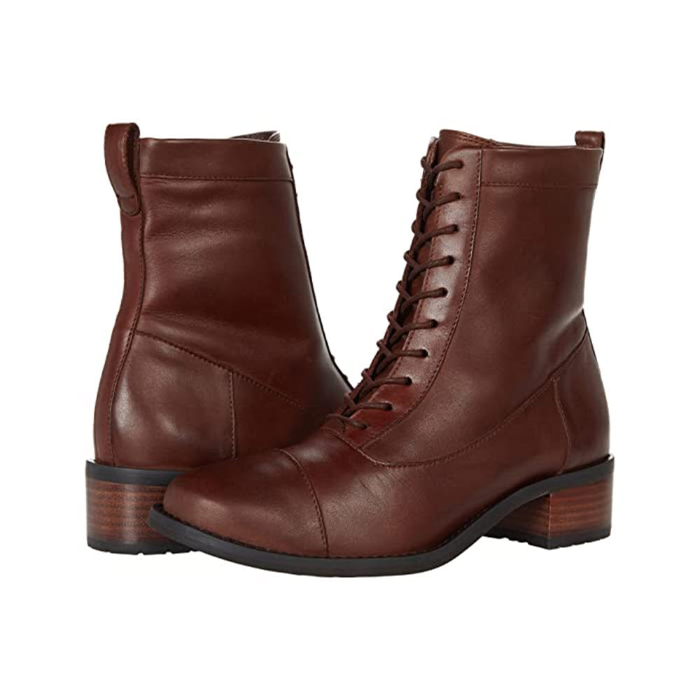 The DAVID TATE EXPLORER BROWN - WOMENS, a pair of elegant brown leather lace-up ankle boots by David Tate, features low wooden heels and is shown from both side and back angles.