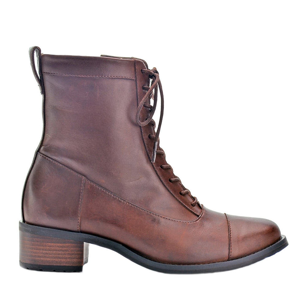 The DAVID TATE EXPLORER BROWN - WOMENS, from David Tate, is a brown leather ankle boot featuring a lace-up front, side zip for convenience, block heel, and pull tab at the back, viewed from the side.