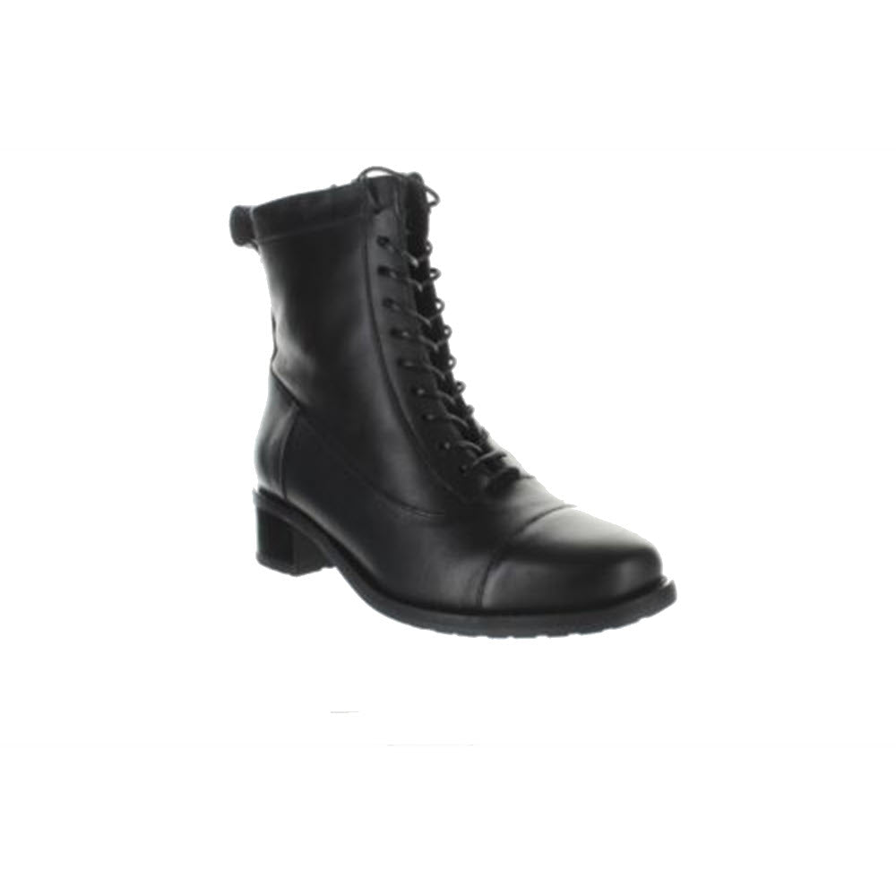 The David Tate Explorer Black - Women&#39;s combines chic granny-style with modern comfort, featuring lace-up black leather, a low block heel, rounded toe, and a convenient side zip.