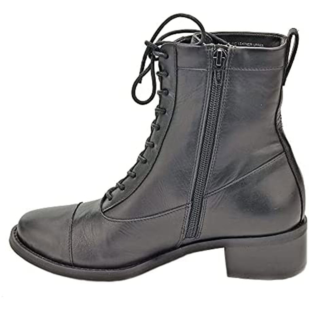 The DAVID TATE EXPLORER BLACK boot for women by David Tate features a black leather construction, lace-up design with a side zip, waterproof finish, and a low heel.