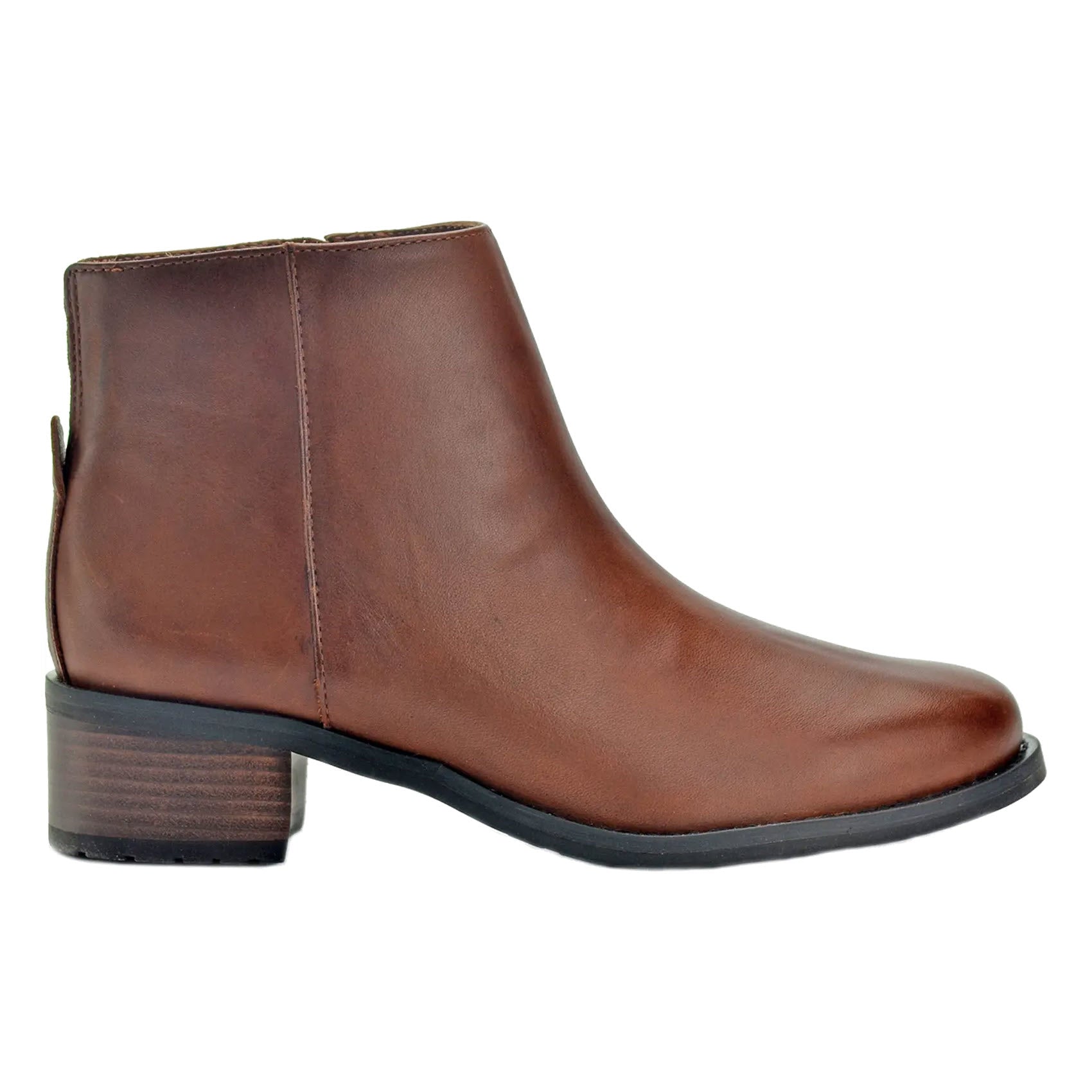 The elegant DAVID TATE VOYAGE LUGGAGE - WOMENS ankle bootie by David Tate, presented on a white background, boasts a classic brown leather finish with a low block heel and side zipper.