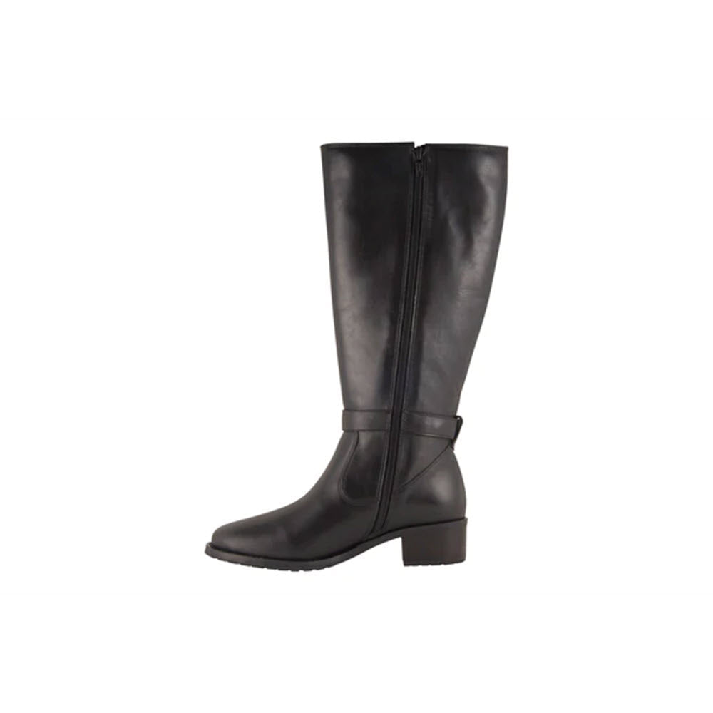 The DAVID TATE ALLEGRIA EXTENDED CALF - WOMENS by David Tate is a single black knee-high boot in smooth leather, featuring a side zipper and a low heel, shown from the side.