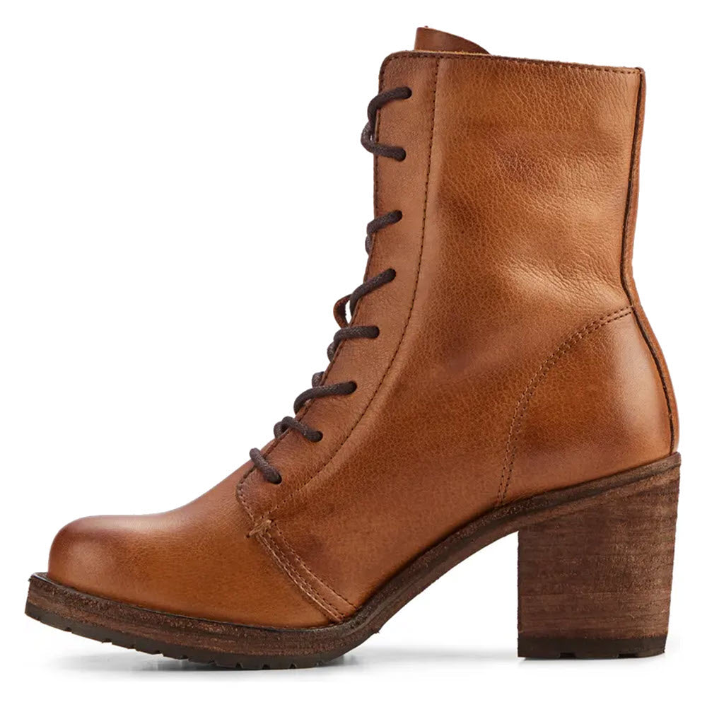 The Frye Karen Combat Caramel boot, featuring buttery leather, a chunky heel, and traction rubber insets for slip-free stepping, is shown against a white background.